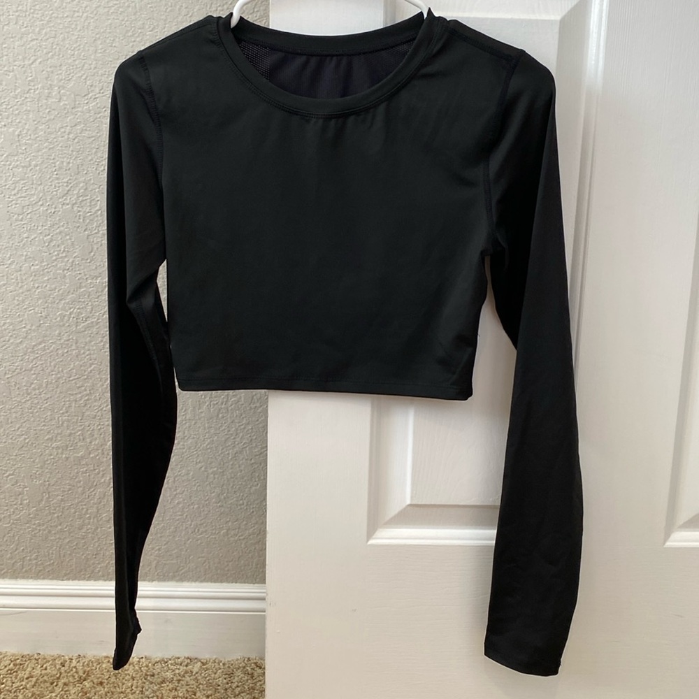 Black Long Sleeve Workout Sports Cropped Top w/ Thumbholes Mesh Back Size M